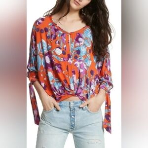 Free people medium oversized keepin on orange floral print dolman sleeve Blouse